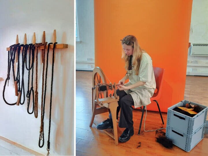 左)頭髪製の犬用リード 右)回収した髪を糸にする実演