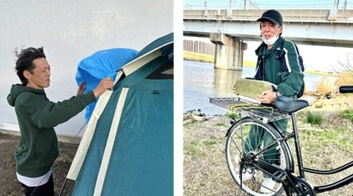 テントを固定するために川辺から大きな石を運んできた