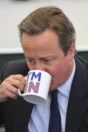 　６月１８日、英サンデー・タイムズ紙向けの調査会社ユーガブの世論調査によると、英国のＥＵ残留を支持する英国民の割合が４４％となり、離脱を支持する割合の４３％を上回った。「残留」ロゴ入りマグカップを使うキャメロン首相、ロンドンで１６日撮影（２０１６年　ロイター／Gareth Fuller/Pool）