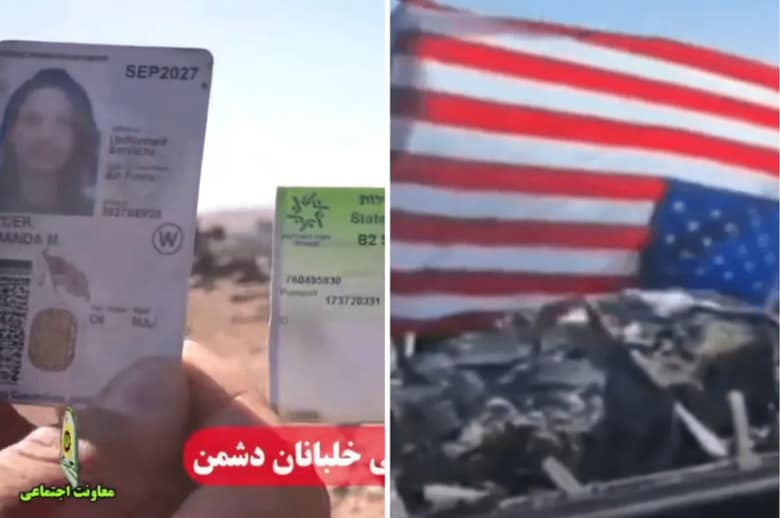 左は、イランの半公式ニュース媒体が共有し、イランの放送局に由来するとされる映像のスクリーンショットで、身分証明書やイスラエルへの入国スリップが写っているとされる。右は、イランの情報源が共有した別の映像のスクリーンショットで、イランで負傷した航空兵を救出するための今週末の作戦で破壊された米国機の残骸の中から、正体不明のイラン人要員が米国旗を発見する様子を示していると主張されている X/Itay Blumental/RT