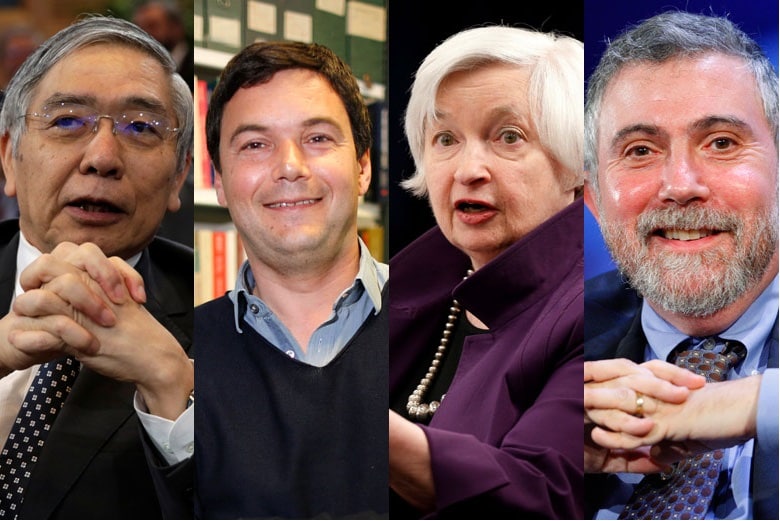 （左から）黒田東彦（日本銀行総裁）、トマ・ピケティ（経済学者）、ジャネット・イエレン（米FRB議長）、ポール・クルーグマン（経済学者）　FROM LEFT: Yuri Gripas-REUTERS, Charles Platiau-REUTERS, Joshua Roberts-REUTERS, Chip East-REUTERS