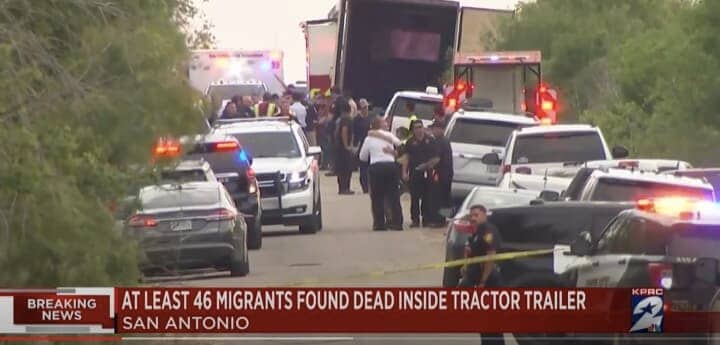 テキサス州サンアントニオで27日、トレーラーの中から移民とみられる46人の遺体が見つかった。KPRC 2 Click2Houston / YouTube