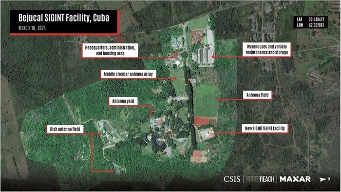 中国の諜報活動拠点と疑われるキューバ・ベフカルの衛星画像