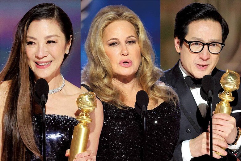 （左から）ミシェル・ヨー、ジェニファー・クーリッジ、キー・ホイ・クァン　PHOTO ILLUSTRATION BY SLATE. PHOTOS BY RICH POLKｰNBCｰGETTY IMAGESｰSLATE