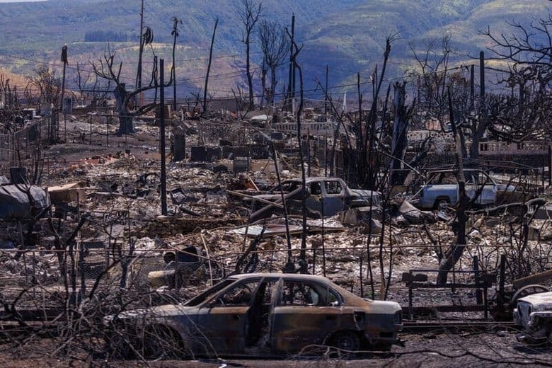米ハワイ州マウイ島の山火事は、発生から1週間が経った15日時点で死者が少なくとも106人に達した。写真は15日、ラハイナで撮影（2023年　ロイター／Mike Blake）