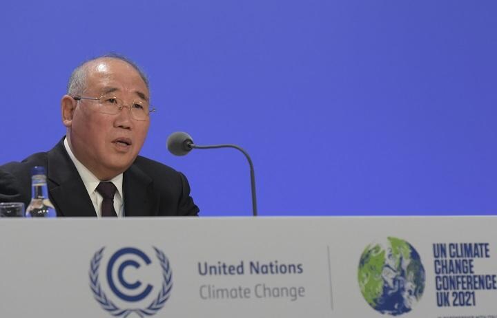 記者会見する中国の解振華・気候変動事務特使（筆者撮影）