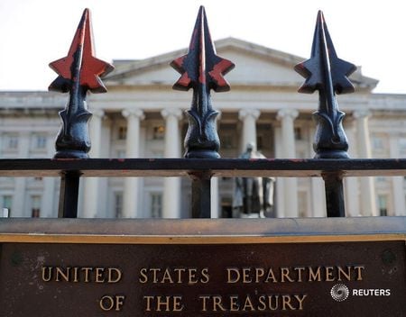 米国と欧州連合（ＥＵ）は１２日、イスラム組織ハマスに対する制裁措置を発表した。写真は米財務省。２０１８年８月撮影（２０２４年　ロイター/Brian Snyder）