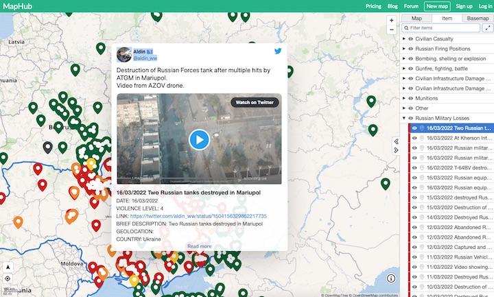 オープンソース・インテリジェンスで有名な英「ベリングキャット」のロシア-ウクライナ・モニターマップ bellingcat.comより