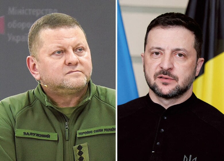 ザルジニー（左）はゼレンスキー（右）より人気が高い　FROM LEFT: KANIUKA RUSLAN-UKRINFORM-SIPA USA-REUTERS, NICOLAS MAETERLINCK-POOL-REUTERS