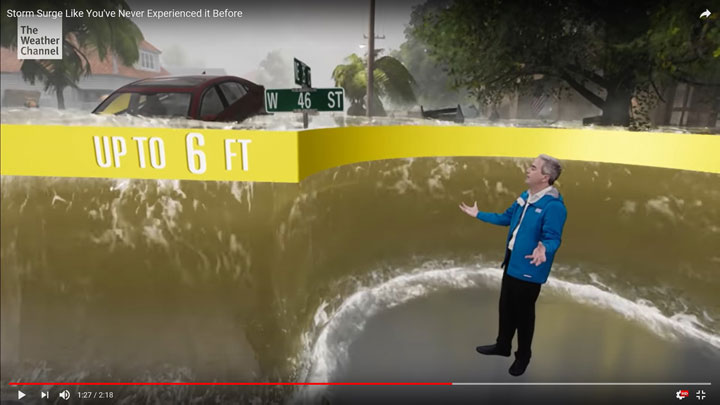 ハリケーン・フローレンスによる高潮被害を予測する「ウェザー・チャンネル」のキャスター　The Weather Channel/YOUTUBE