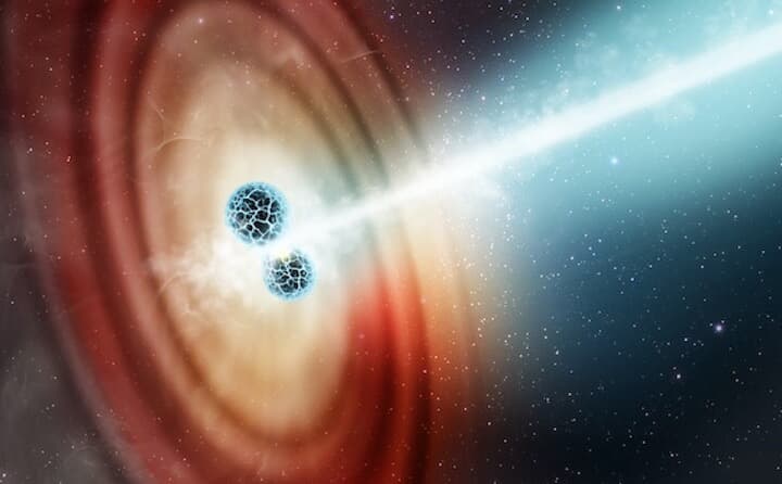 衝突する２つの中性子星のイメージ　credit: Elizabeth Wheatley (STScI)