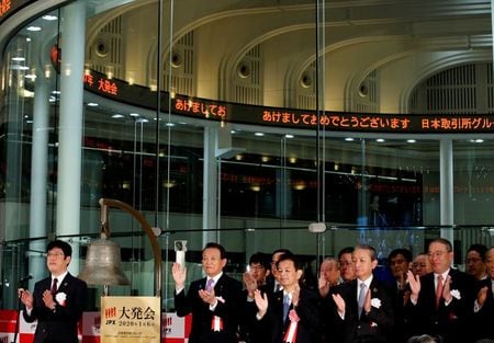 　１月６日、東京株式市場で日経平均は大幅続落。中東情勢が緊迫化し、安全資産に退避しようとする動きが鮮明となった。写真は麻生副総理兼財務相（左から２人目）ら。東京証券取引所で撮影（２０２０年　ロイター／Kim Kyung-Hoon）