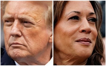 　９月１０日、    米大統領選の民主党候補ハリス副大統領（右写真）と共和党候補トランプ前大統領（左写真）はテレビ討論会で初対決する（２０２４年　ロイター/Eduardo Munoz, Nathan Howard）