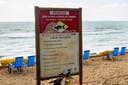 レシフェのボア・ビアージェン海岸に立てられた、サメを警告する看板　Emmanuele Contini-REUTERS