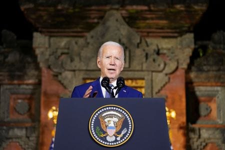 U.S. President Joe Biden speaks during a news conference following his meeting with Chinese president Xi Jinping, ahead of the G20 leaders\' summit, in Bali, Indonesia, November 14, 2022.  REUTERS/Kevin Lamarque