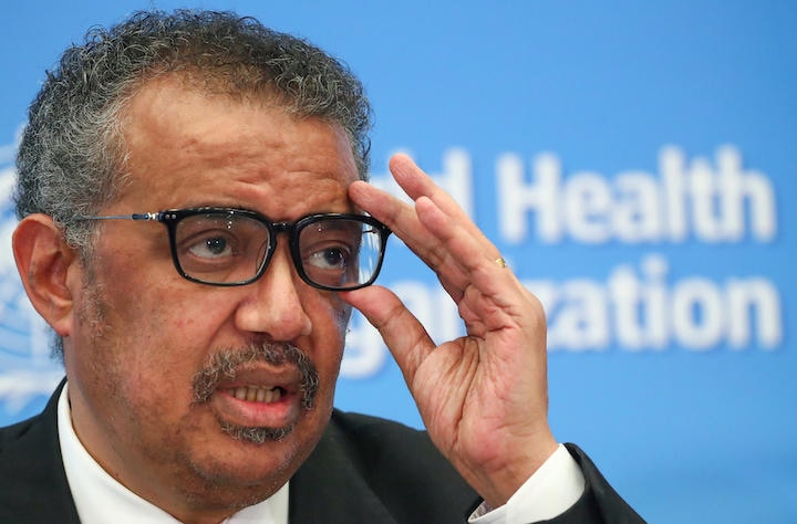 テドロスは中国の初期対応を高く評価し、渡航制限も必要ないと主張した　Denis Balibouse -REUTERS