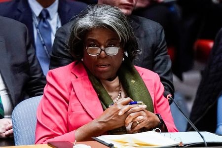 米国のリンダ・トーマスグリーンフィールド国連大使は１７日、国連安全保障理事会で、北朝鮮の金正恩（キム・ジョンウン）朝鮮労働党委員長は核兵器と弾道ミサイルの不法な開発に全体主義的支配と抑圧を利用してしていると非難した。２０２２年５月撮影（２０２３年　ロイター/Eduardo Munoz）