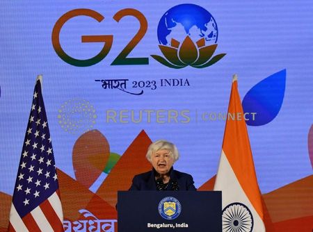 ７月１３日、    米財務省はイエレン財務長官（写真）が１３─２１日の日程でインドとベトナムを訪問すると発表した。インド・ベンガルールで２月に開かれたG２０財相会合で撮影（２０２３年　ロイター/Samuel Rajkumar）