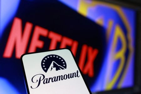 パラマウント、ネットフリックス、ワーナー・ブラザースのロゴ。REUTERS/Dado Ruvic/Illustration