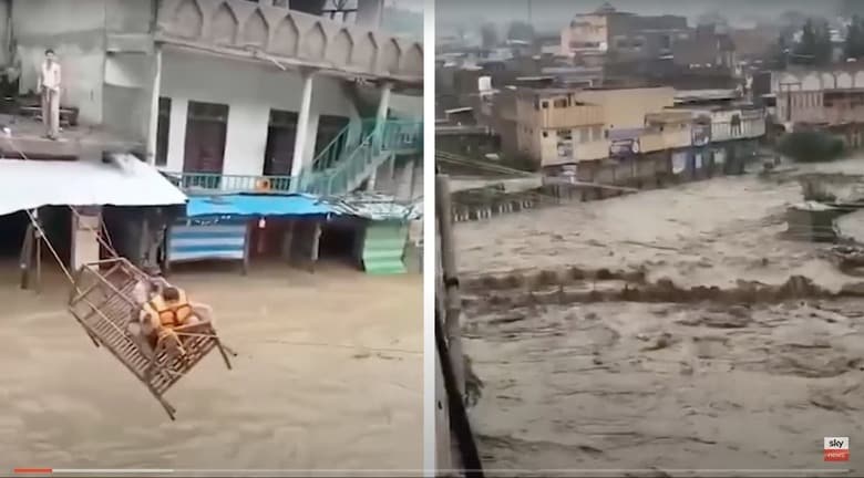 パキスタンでは雨が数カ月降り続き、春の異常な高温で氷河の溶解が加速したことが洪水を引き起こし、国土の3分の1が水没、3300万人が被害を受けた。SkyNews / YouTube