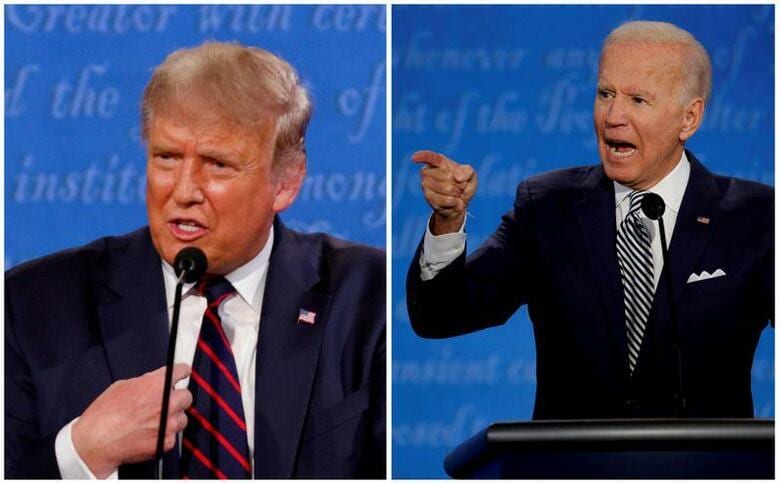 カリフォルニア州当局は、大統領選挙を巡り、共和党カリフォルニア州支部の幹部らに対し「非公式で未承認の」事前投票用紙の回収箱の撤去を命じる通知書を送った。写真は大統領選に出馬する両候補。オハイオ州クリーブランドで9月撮影(2020年　ロイター/Brian Snyder)