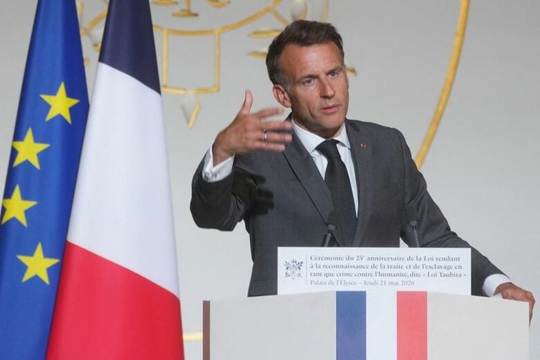 フランスのマクロン大統領。5月21日、パリのエリゼ宮で代表撮影。REUTERS