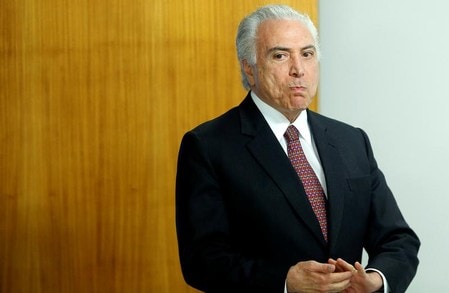 　６月７日、ブラジルのテメル大統領は７日、同国に通貨危機のリスクはないと表明した。写真は式典に出席するテメル大統領。５日にブラジリアで撮影（２０１８年　ロイター／Adriano Machado）