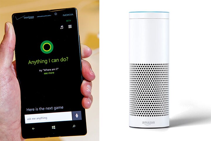 マイクロソフトのアプリ「コルタナ」（左）とアマゾン・エコー（右）　David Paul Morris-Bloomberg/GETTY IMAGES; Amazon.com, Inc,