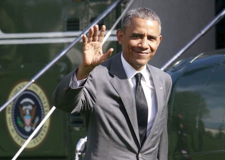 　４月３０日、ホワイトハウスが声明で明らかにしたところによると、オバマ米大統領（写真）は５月８日にスポーツ用品大手ナイキ<NKE.N>のオレゴン州の本社を訪問し、環太平洋連携協定（ＴＰＰ）や貿易促進権限（ＴＰＡ）への支持を訴える。２９日撮影（２０１５年　ロイター/Yuri Gripas）