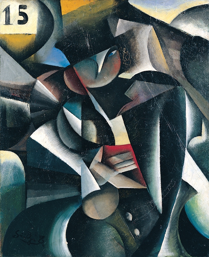 「我が国最初のキュビスト」として取り上げられる東郷。しかし、パリ留学を果たした彼の作品には、未来派のイメージも色濃く混在しています。　東郷青児　《帽子をかむった男（歩く女）》　1922年 名古屋市美術館