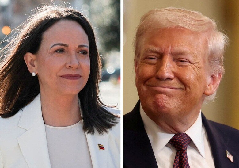 マチャド（左）はトランプ米大統領にノーベル平和賞メダルを譲渡したという　Kylie Cooper-Reuters