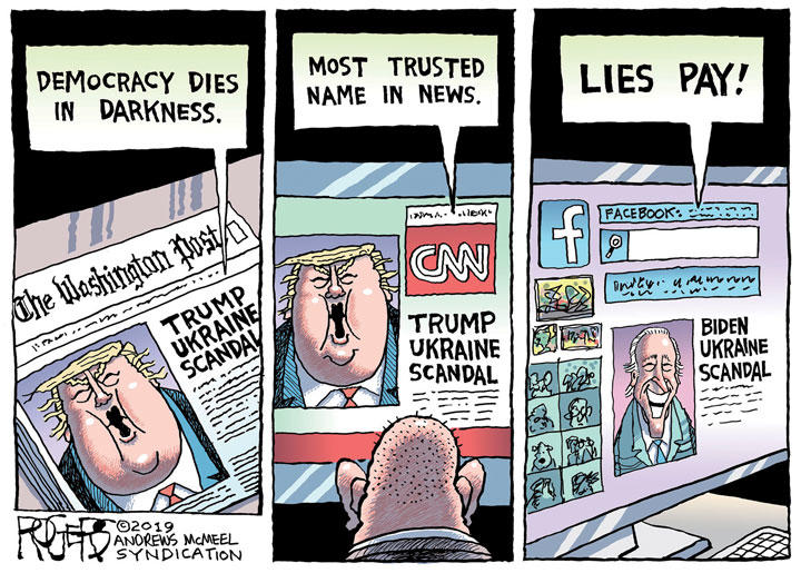 Trump’s Phony Facebook Ad / ©2019 ROGERS─ANDREWS McMEEL SYNDICATION