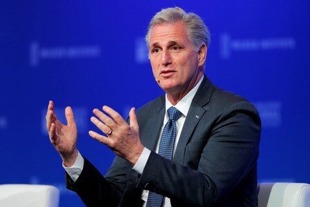 　４月３０日、米下院のマッカーシー共和党院内総務は、金融規制改革法（ドッド・フランク法）修正案の下院採決を５月に行う可能性があることを明らかにした。ビバリーヒルズで開催されたミルケン研究所世界会議で発言する同共和党院内総務（2018年　ロイター／MIKE BLAKE）