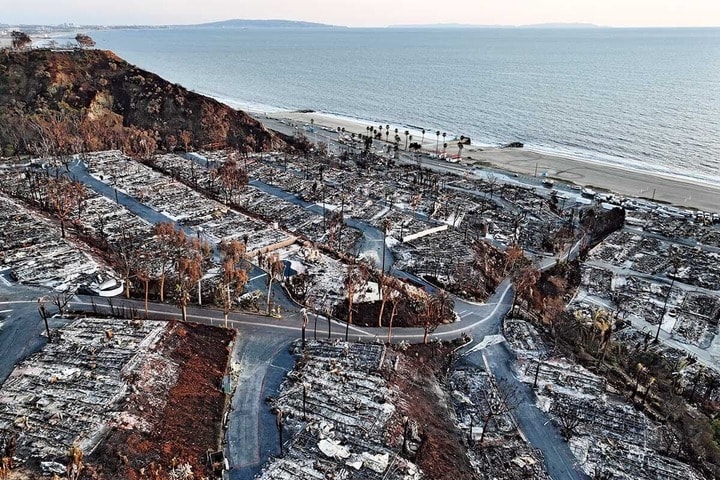 パリセーズ火災で焼けた海辺の住宅地