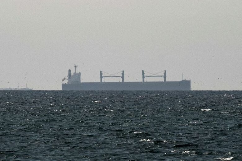 アラブ首長国連邦（ＵＡＥ）北部ラスアルハイマから見たホルムズ海峡近くの貨物船。３月撮影。REUTERS/Stringer