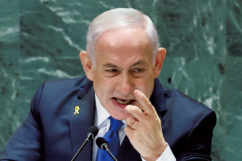 イスラエルのネタニヤフ首相はあくまでも強気（9月27日、ニューヨークでの国連総会で）　EDUARDO MUNOZｰREUTERS