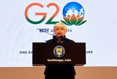 　２月２１日、米財務省は、イエレン財務長官がブラジルで来週開かれる２０カ国・地域（Ｇ２０）財務相会議に出席すると発表した。インド・ガンジナガルで２０２３年７月撮影（２０２４年　ロイター/Amit Dave）