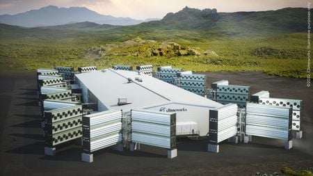 スイスの新興企業クライムワークスは、大気中から二酸化炭素（ＣＯ２）を直接回収し、地中に貯留する技術「ダイレクト・エア・キャプチャー（ＤＡＣ）」を活用した世界最大規模のプラントを稼働した。写真は２０２２年６月に入手した同社提供の資料画像。（２０２４年　ロイター）