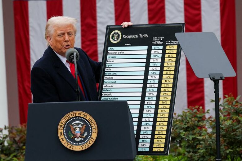 関税について発表するトランプ米大統領。2025年4月、ワシントンで撮影。REUTERS/Carlos Barria