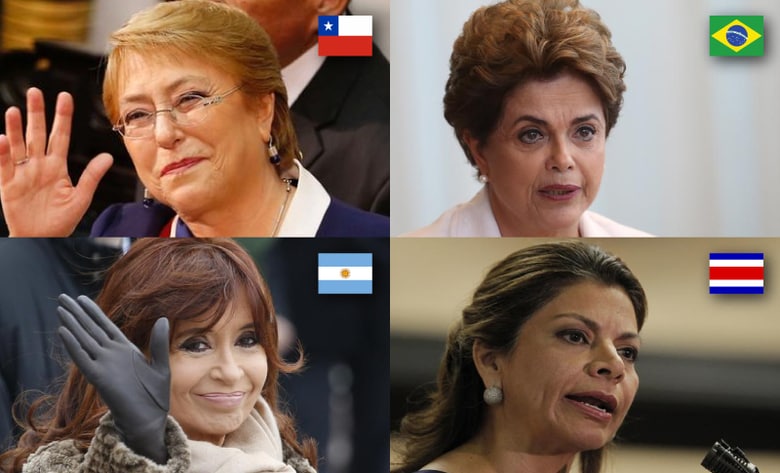 チリのバチェレ大統領（左上）、ブラジルのルセフ前大統領（右上）、アルゼンチンのフェルナンデス前大統領（左下）、コスタリカのチンチージャ前大統領。それぞれ２０１７年１月、２０１６年８月、２０１５年４月、２０１４年５月撮影　（２０１８年　ロイター/Rodrigo Garrido/Adriano Machado/Sergei Karpukhin/Juan Carlos Ulate）