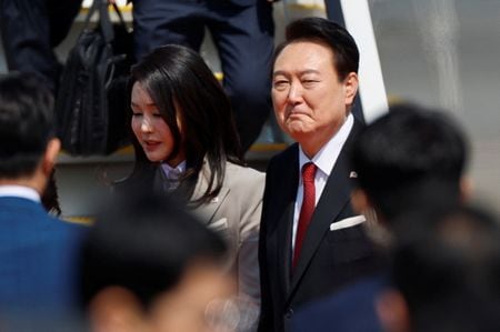 訪米中の韓国の尹錫悦大統領は２８日、力による現状変更の試みを阻止するためにも、ロシアのウクライナ侵攻を成功させてはならないという認識を示した。３月撮影（２０２３年　ロイター/Issei Kato）