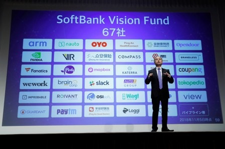 　１０月２８日、ソフトバンクグループのビジョン・ファンドは、英金融サービスグループのグリーンシル・キャピタルに６億５５００万ドル追加出資したことを明らかにした。写真は２０１８年１１月、都内で撮影（２０１９年　ロイター/Kim Kyung-Hoon）