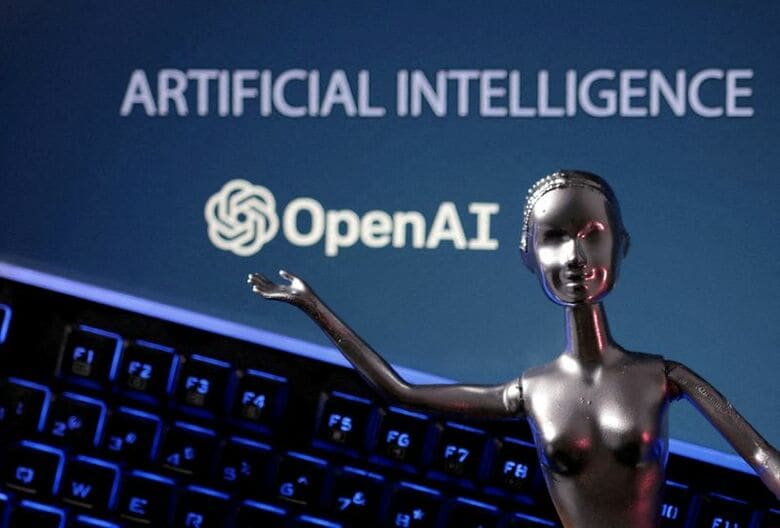 オープンＡＩのロゴとＡＩのイメージ。2023年5月に撮影。REUTERS