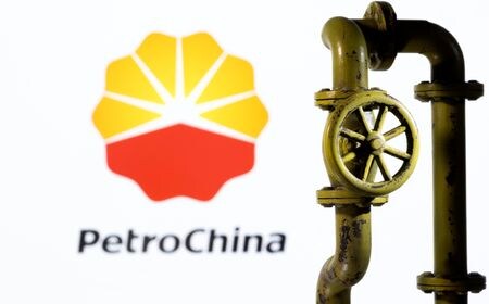 中国の石油・ガス生産大手である中国石油天然ガス（ペトロチャイナ）が２６日発表した今年上半期決算は、純利益が過去最高を更新した。石油・ガス価格の上昇が石油精製の利益減少による影響を打ち消した。写真はペトロチャイナのロゴの前に置かれた3Dプリントされた天然ガスパイプラインで2022年2月撮影（２０２４年　ロイター/Dado Ruvic）