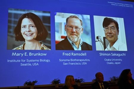 スウェーデンのカロリンスカ研究所は、２０２５年のノーベル生理学・医学賞を大阪大学の坂口志文特任教授ら３人に授与すると発表した。ストックホルムで撮影、提供写真（TT News Agency/Claudio Bresciani）