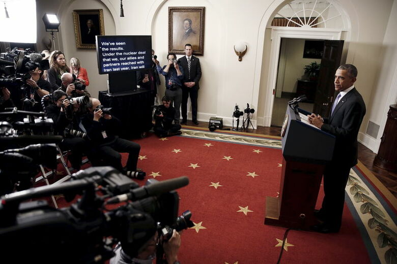 １月１６日、国際原子力機関（ＩＡＥＡ）の報告書を受けて、欧米諸国は、対イラン経済制裁の解除を宣言した。写真は解除宣言を行うオバマ米大統領。（２０１６年　ロイター/Carlos Barria）