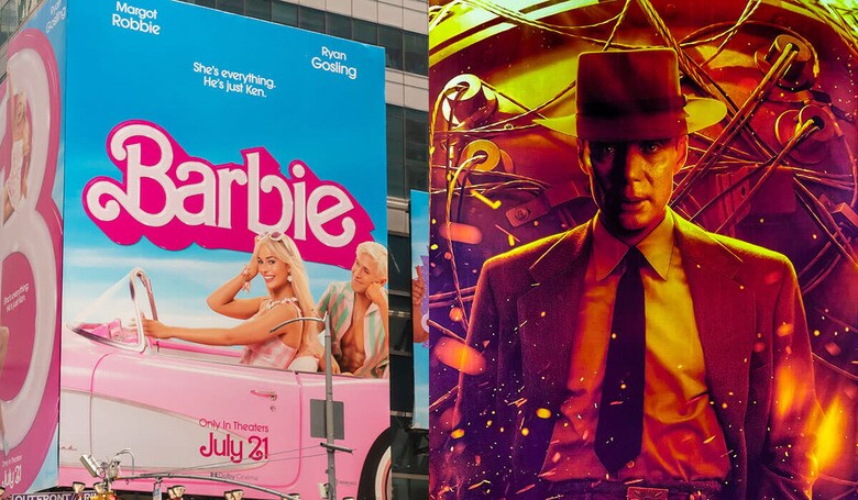 NYタイムズスクエアに出された『バービー』の宣伝（左）と『オッペンハイマー』のオリジナルポスター　From Left：rblfmr-Shutterstock, Stefano Chiacchiarini \'74-Shutterstock