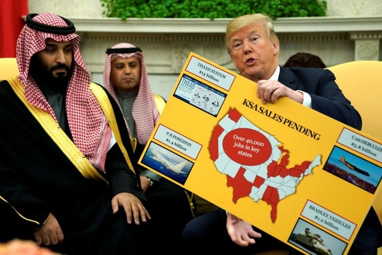 ７月２７日、米トランプ政権が、中東地域におけるイランの勢力拡大に対抗するため、ペルシャ湾岸６カ国およびエジプト、ヨルダンとの間で新たな安全保障・政治同盟の構築を密かに進めている。写真は３月、ホワイトハウスでサウジアラビアのムハンマド皇太子（写真左）と会談するトランプ大統領（２０１８年　ロイター/Jonathan Ernst）