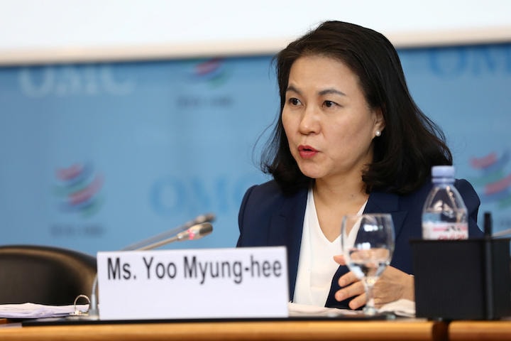 次期事務局長選に立候補している韓国の兪明希（ユ・ミョンヒ）通商交渉本部長  Jay Louvion-REUTERS