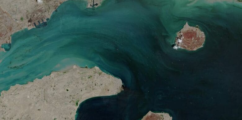 ホルムズ海峡での船舶の動きを示す衛星画像。２日撮影の提供写真。EUROPEAN UNION/COPERNICUS SENTINEL-2/Handout via REUTERS